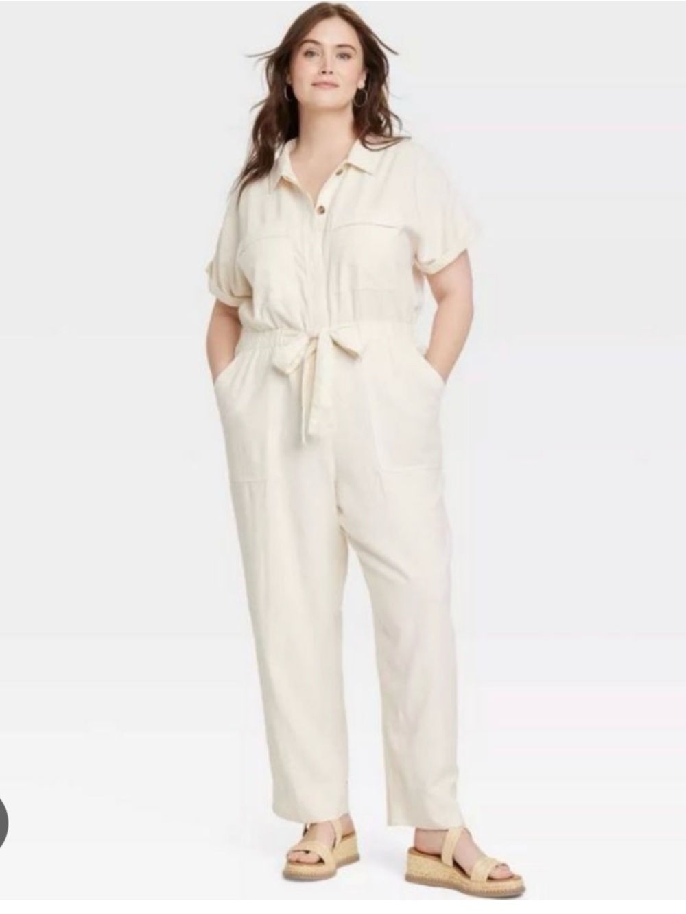 Universal Thread Cream Tie-Waist Utility Jumpsuit